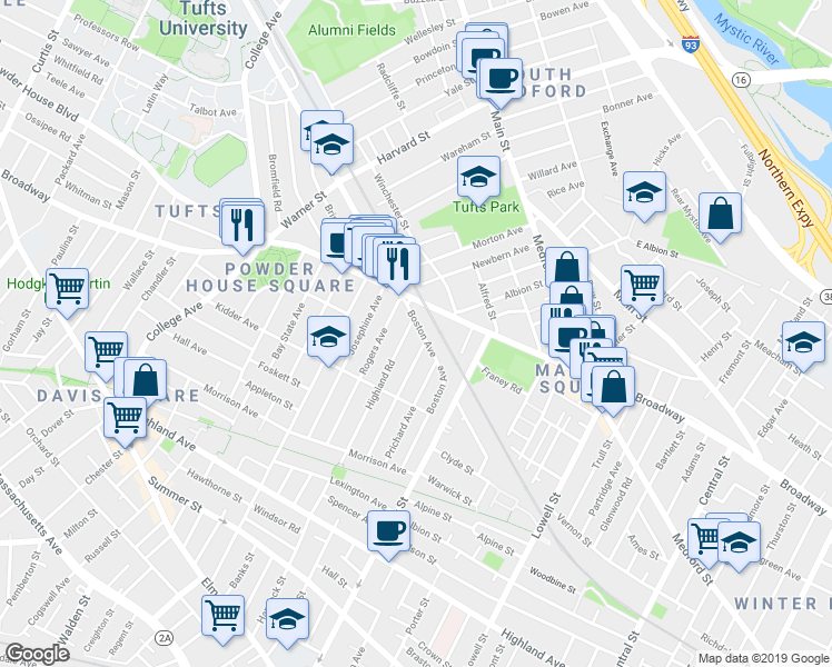map of restaurants, bars, coffee shops, grocery stores, and more near in Somerville