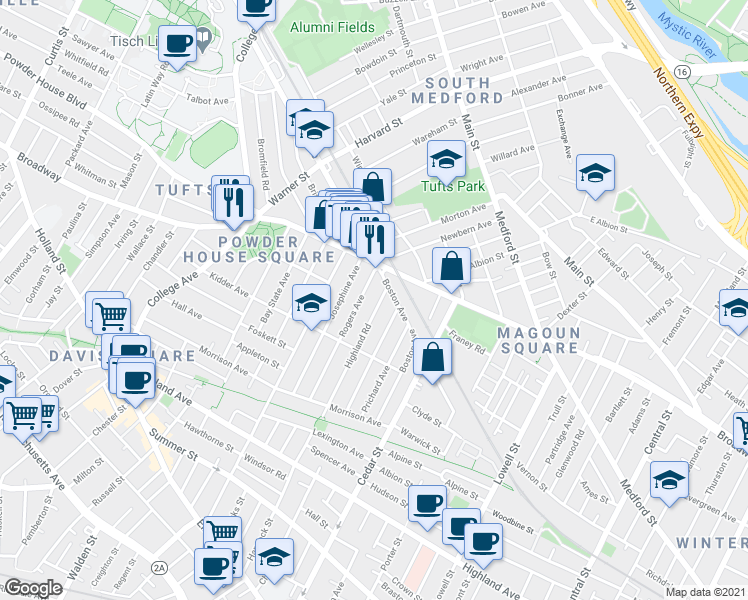 map of restaurants, bars, coffee shops, grocery stores, and more near 114 Rogers Avenue in Somerville