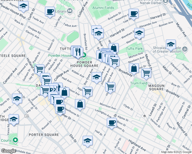 map of restaurants, bars, coffee shops, grocery stores, and more near 46 Bay State Avenue in Somerville