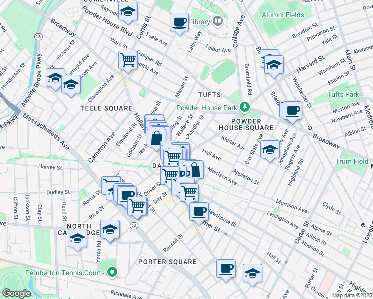 map of restaurants, bars, coffee shops, grocery stores, and more near 9 Chapel Street in Somerville