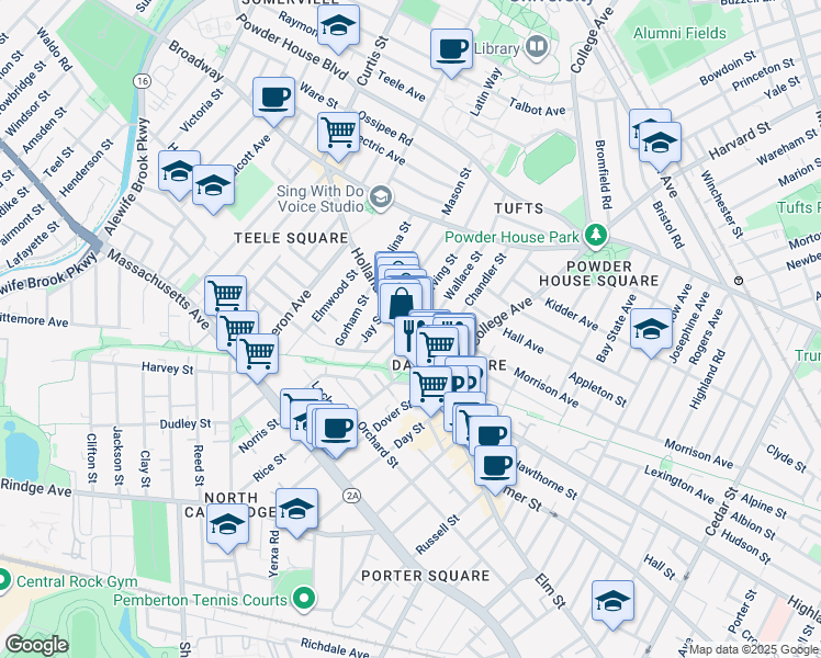 map of restaurants, bars, coffee shops, grocery stores, and more near in Somerville