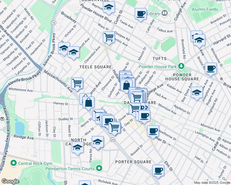 map of restaurants, bars, coffee shops, grocery stores, and more near 20 Gorham Street in Somerville
