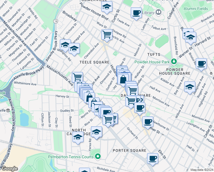 map of restaurants, bars, coffee shops, grocery stores, and more near 4A Elmwood Terrace in Somerville