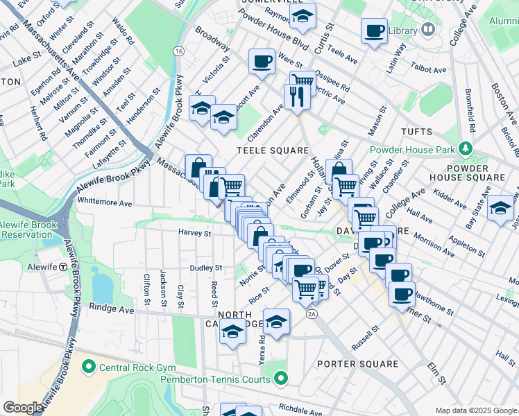 map of restaurants, bars, coffee shops, grocery stores, and more near 29 Camp Street in Cambridge