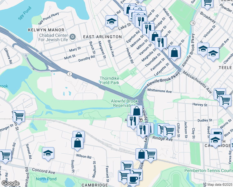 map of restaurants, bars, coffee shops, grocery stores, and more near Minuteman Commuter Bikeway in Arlington