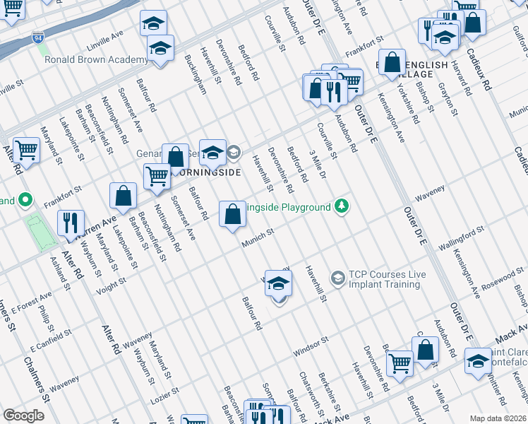 map of restaurants, bars, coffee shops, grocery stores, and more near 4707 Buckingham in Detroit