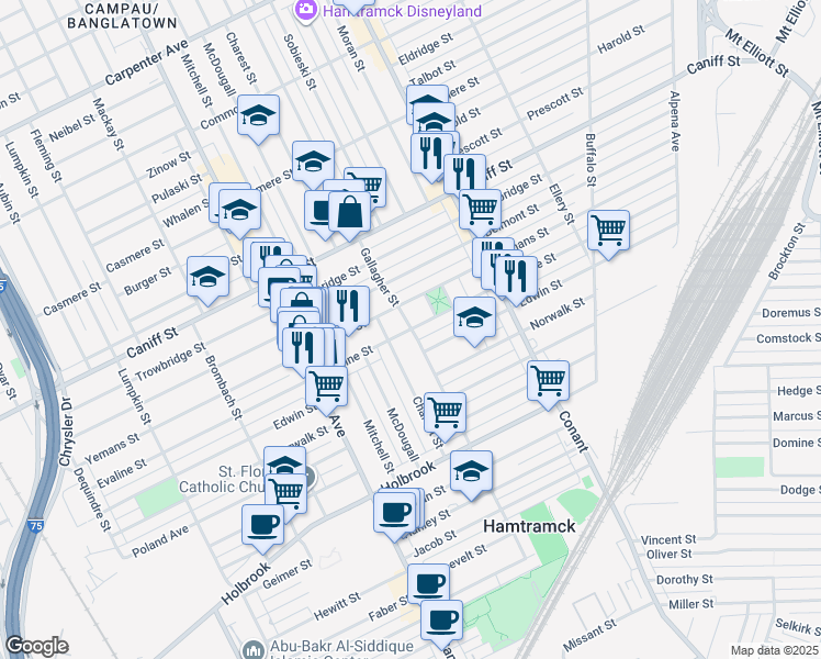 map of restaurants, bars, coffee shops, grocery stores, and more near 11687 McDougall Street in Hamtramck
