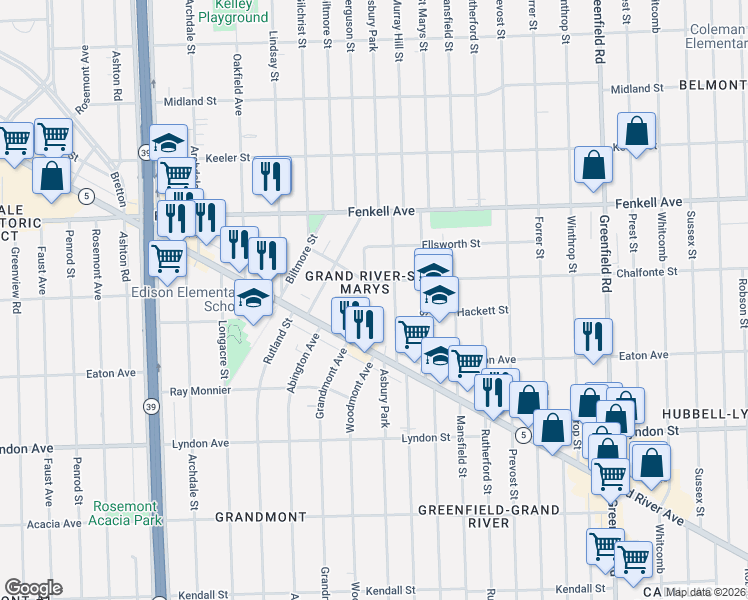 map of restaurants, bars, coffee shops, grocery stores, and more near 14871 Mettetal Street in Detroit