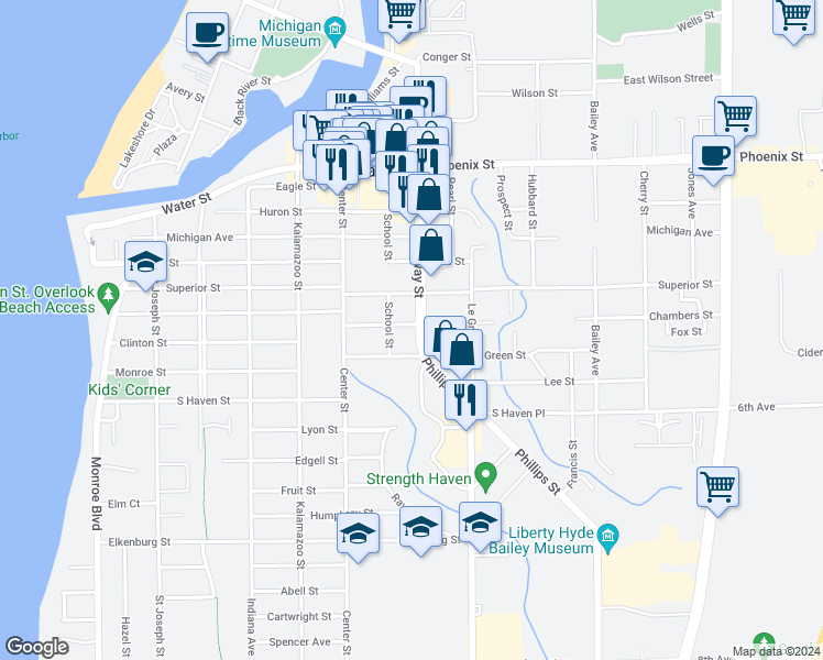map of restaurants, bars, coffee shops, grocery stores, and more near 519 Broadway Street in South Haven