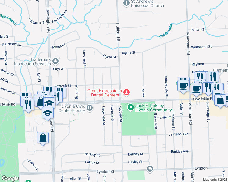 map of restaurants, bars, coffee shops, grocery stores, and more near 15425 Hubbard Street in Livonia