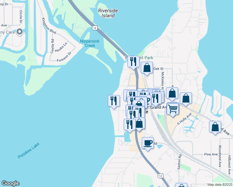 map of restaurants, bars, coffee shops, grocery stores, and more near 24 North Pistakee Lake Road in Fox Lake