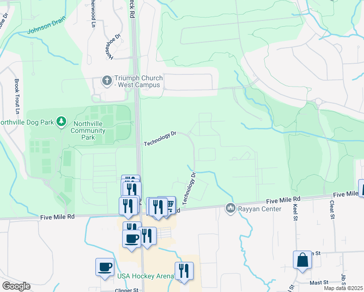 map of restaurants, bars, coffee shops, grocery stores, and more near 15701 Technology Drive in Northville