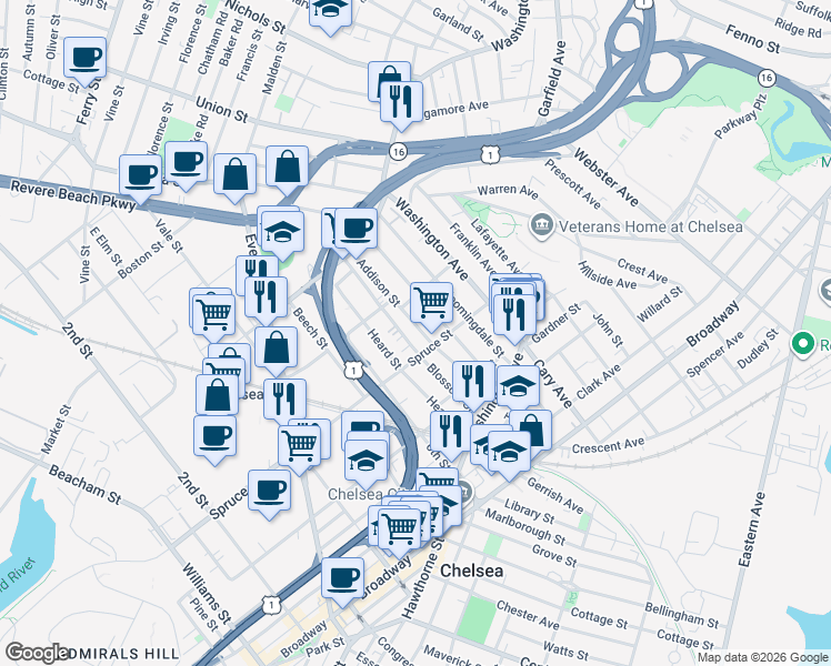 map of restaurants, bars, coffee shops, grocery stores, and more near 92 Addison Street in Chelsea