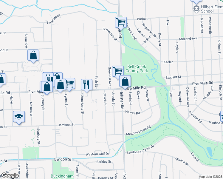 map of restaurants, bars, coffee shops, grocery stores, and more near 27456 Five Mile Road in Livonia