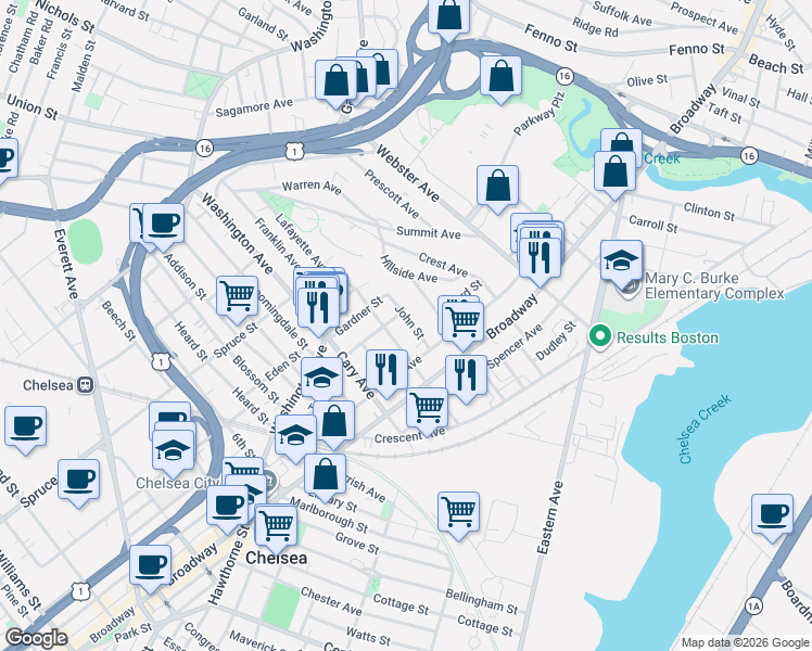 map of restaurants, bars, coffee shops, grocery stores, and more near 20 John Street in Chelsea
