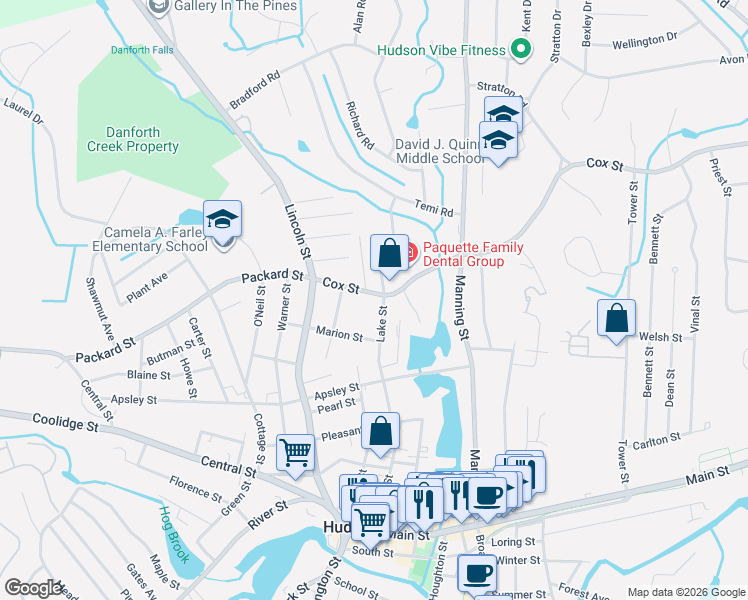 map of restaurants, bars, coffee shops, grocery stores, and more near 29 Cox Street in Hudson