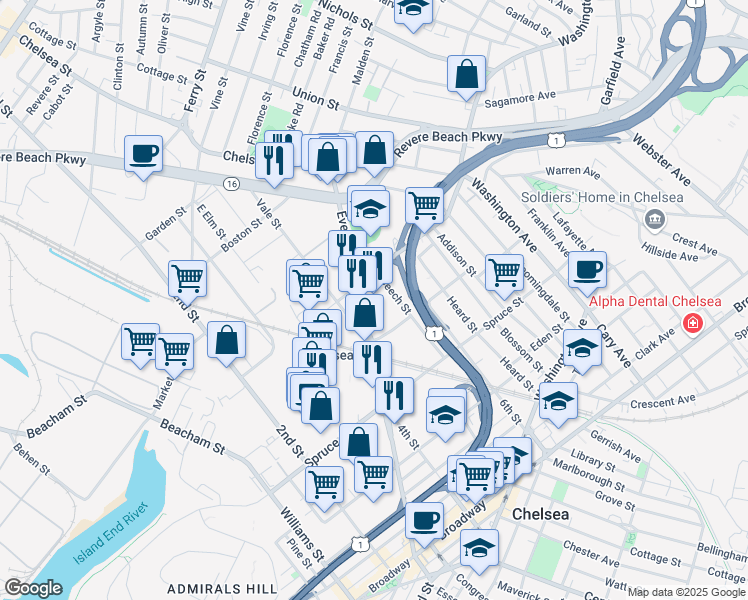 map of restaurants, bars, coffee shops, grocery stores, and more near 158 Carter Street in Chelsea