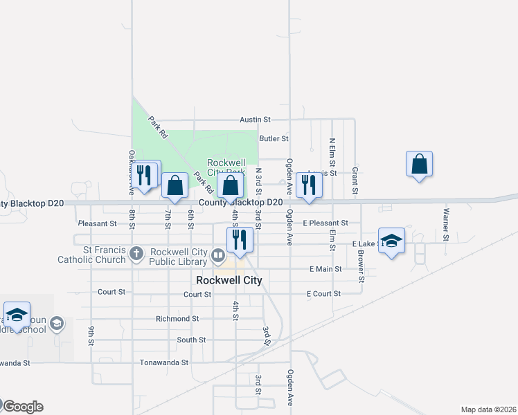 map of restaurants, bars, coffee shops, grocery stores, and more near 306 East High Street in Rockwell City