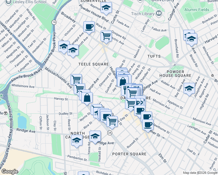 map of restaurants, bars, coffee shops, grocery stores, and more near 20 Gorham Street in Somerville