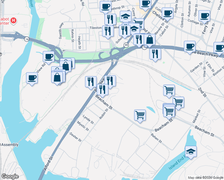 map of restaurants, bars, coffee shops, grocery stores, and more near 151 Bow Street in Everett