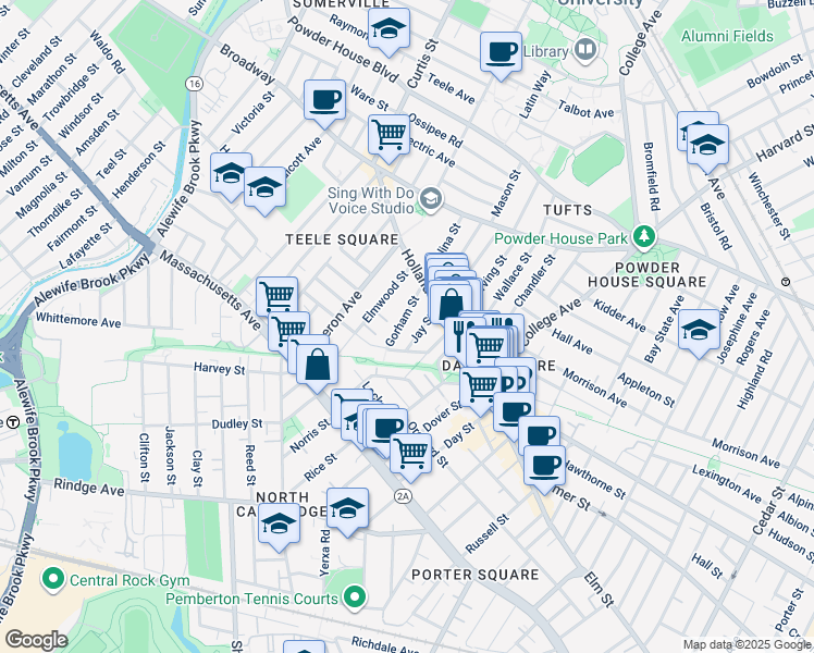 map of restaurants, bars, coffee shops, grocery stores, and more near 20 Gorham Street in Somerville