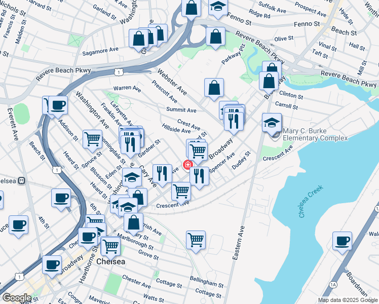 map of restaurants, bars, coffee shops, grocery stores, and more near 59 Eleanor Street in Chelsea