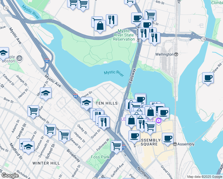 map of restaurants, bars, coffee shops, grocery stores, and more near 109 Shore Drive in Somerville