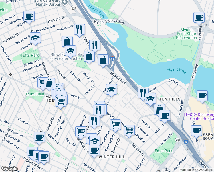 map of restaurants, bars, coffee shops, grocery stores, and more near 77 Fremont Street in Somerville