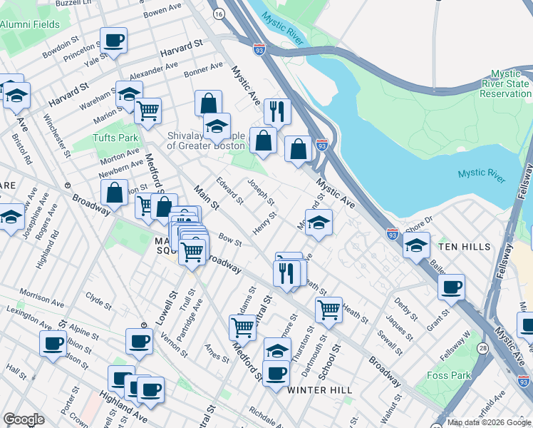 map of restaurants, bars, coffee shops, grocery stores, and more near 40 Joseph Street in Medford