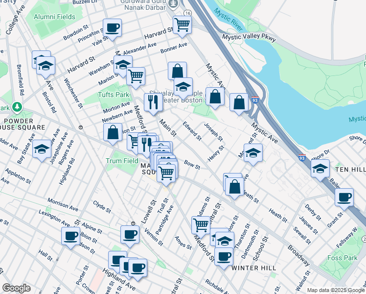 map of restaurants, bars, coffee shops, grocery stores, and more near 55 Dexter Street in Medford