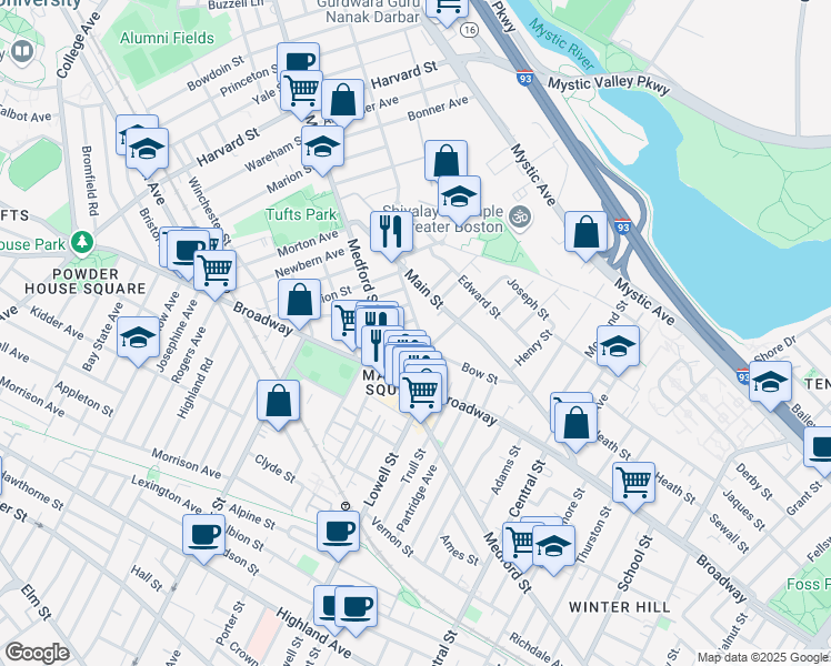 map of restaurants, bars, coffee shops, grocery stores, and more near 8 Elsmere Terrace in Medford