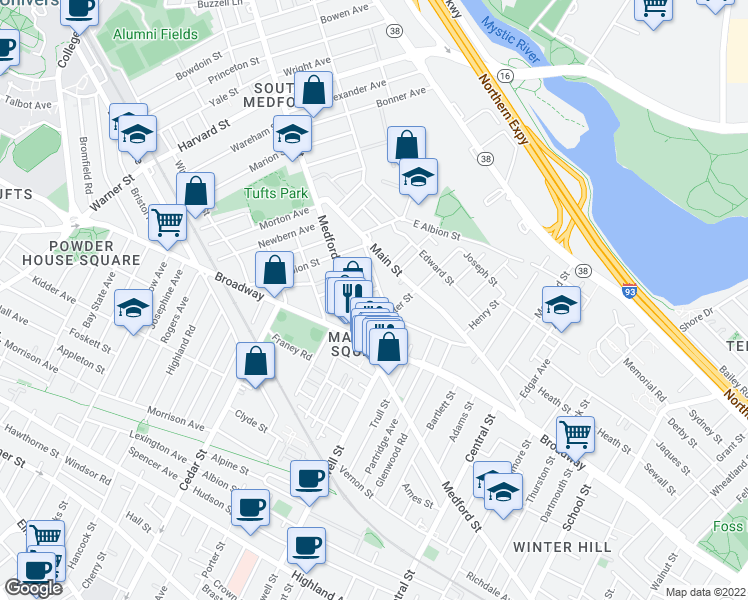 map of restaurants, bars, coffee shops, grocery stores, and more near 12 Hale Avenue in Medford