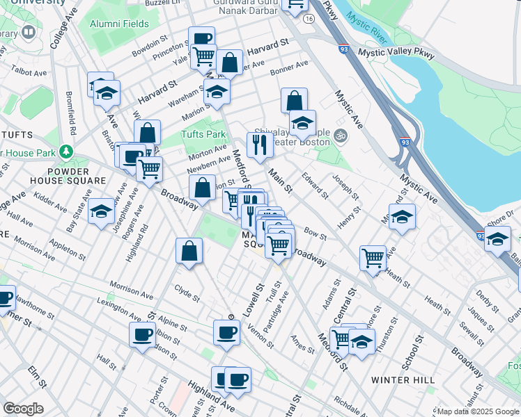 map of restaurants, bars, coffee shops, grocery stores, and more near 12 Hale Avenue in Medford