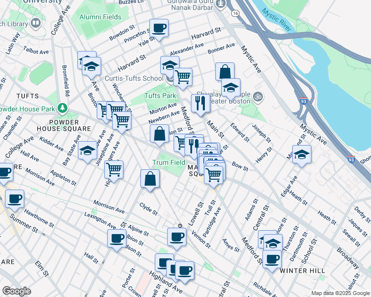 map of restaurants, bars, coffee shops, grocery stores, and more near 13 Winter Hill Road in Medford