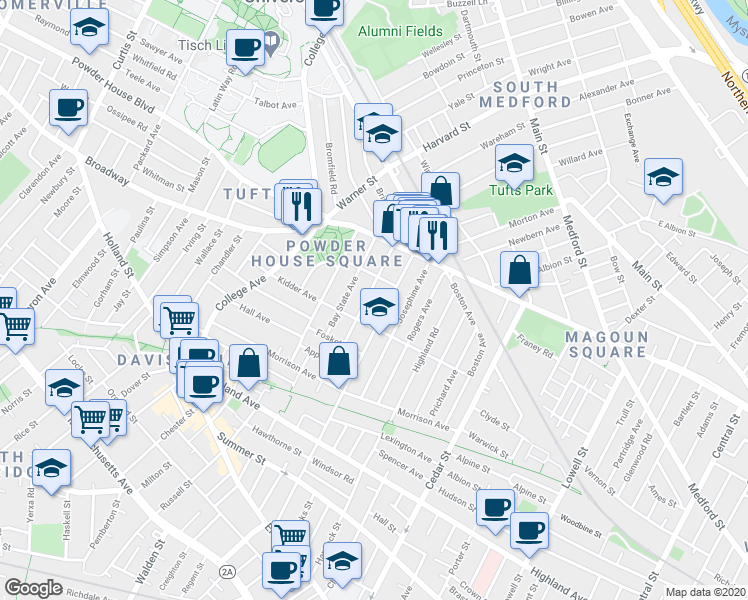 map of restaurants, bars, coffee shops, grocery stores, and more near 46 Bay State Avenue in Somerville