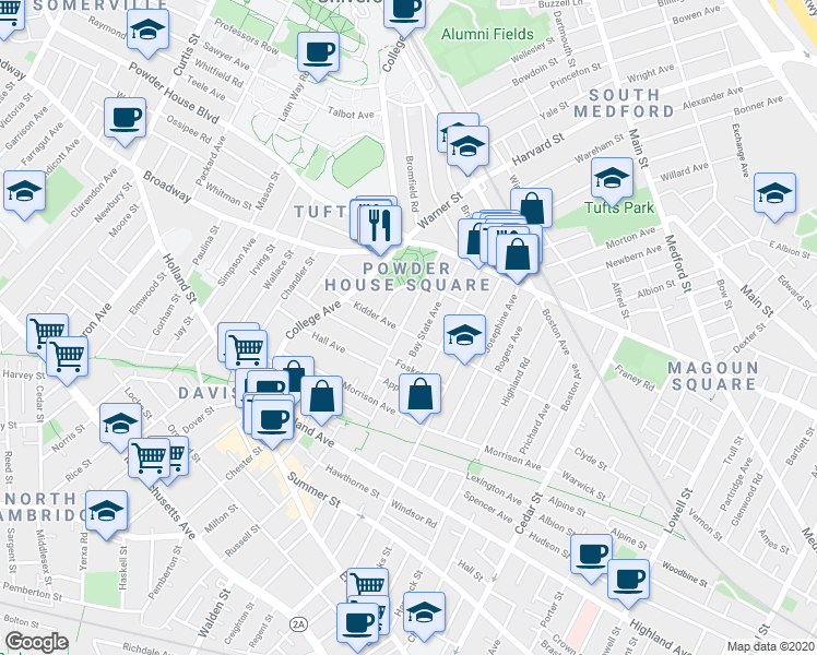 map of restaurants, bars, coffee shops, grocery stores, and more near 59 Liberty Avenue in Somerville