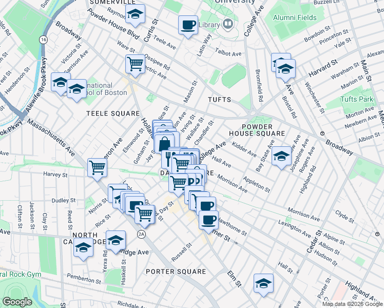 map of restaurants, bars, coffee shops, grocery stores, and more near 37 Wallace Street in Somerville