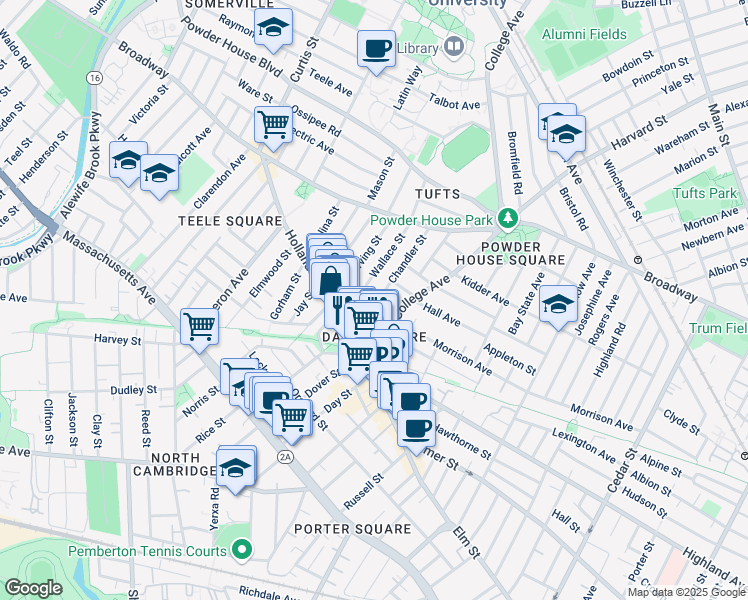 map of restaurants, bars, coffee shops, grocery stores, and more near 37 Wallace Street in Somerville