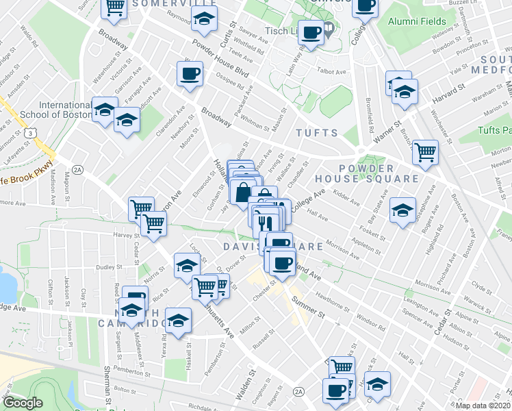 map of restaurants, bars, coffee shops, grocery stores, and more near 10 Irving Street in Somerville