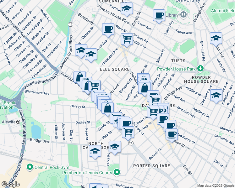 map of restaurants, bars, coffee shops, grocery stores, and more near 64 Cameron Avenue in Somerville