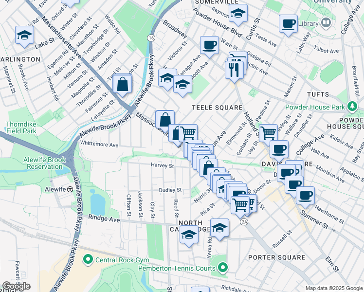 map of restaurants, bars, coffee shops, grocery stores, and more near 2473 Massachusetts Avenue in Cambridge