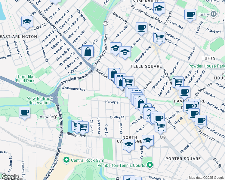 map of restaurants, bars, coffee shops, grocery stores, and more near 18 Cottage Park Avenue in Cambridge