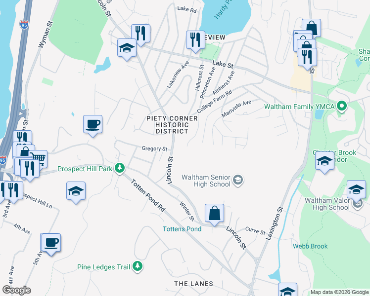 map of restaurants, bars, coffee shops, grocery stores, and more near 81 Wyman Street in Waltham