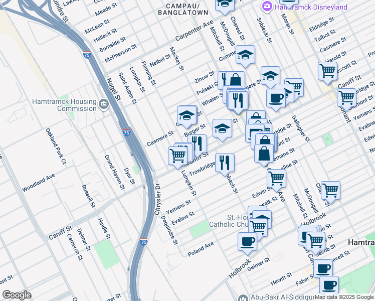 map of restaurants, bars, coffee shops, grocery stores, and more near 11427 Fleming Street in Hamtramck