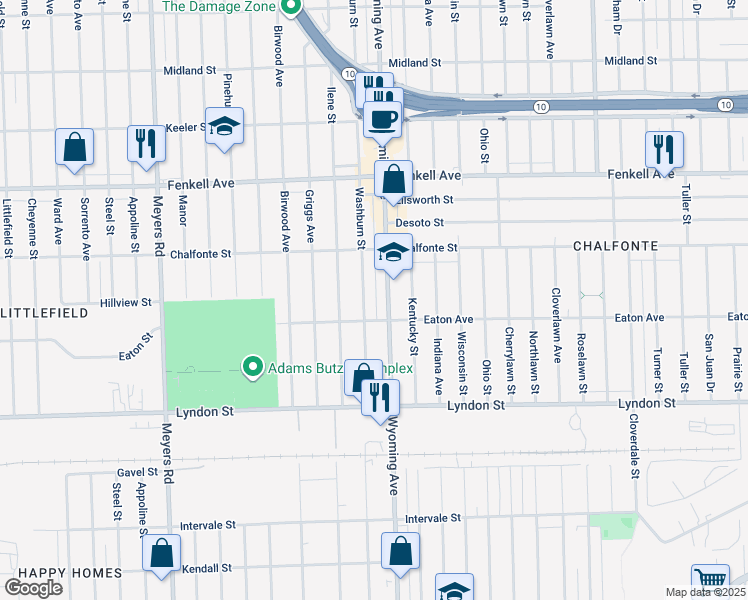 map of restaurants, bars, coffee shops, grocery stores, and more near 14867 Wyoming Avenue in Detroit
