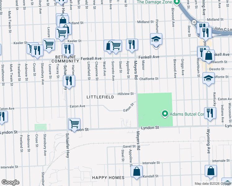 map of restaurants, bars, coffee shops, grocery stores, and more near 14892 Sorrento Avenue in Detroit