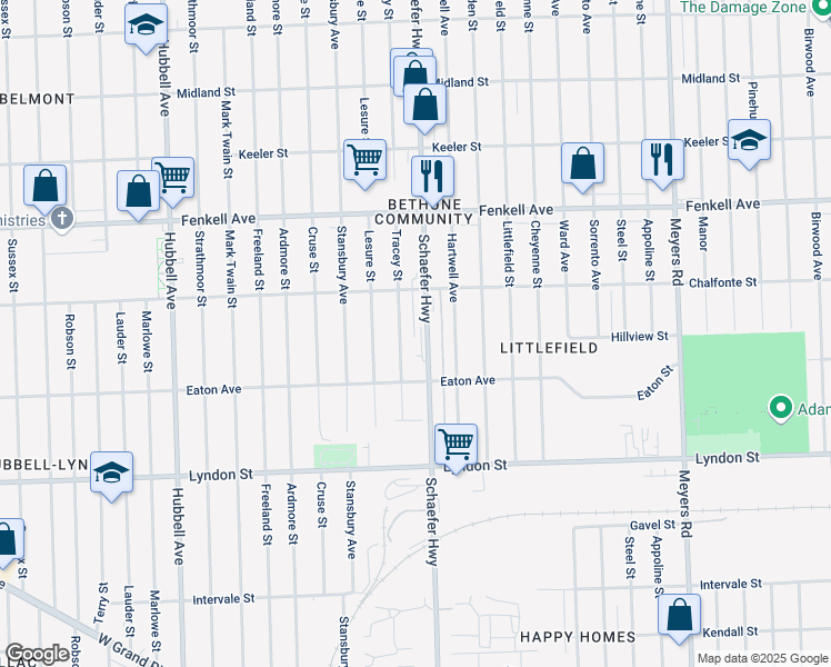map of restaurants, bars, coffee shops, grocery stores, and more near 14918 Tracey Street in Detroit
