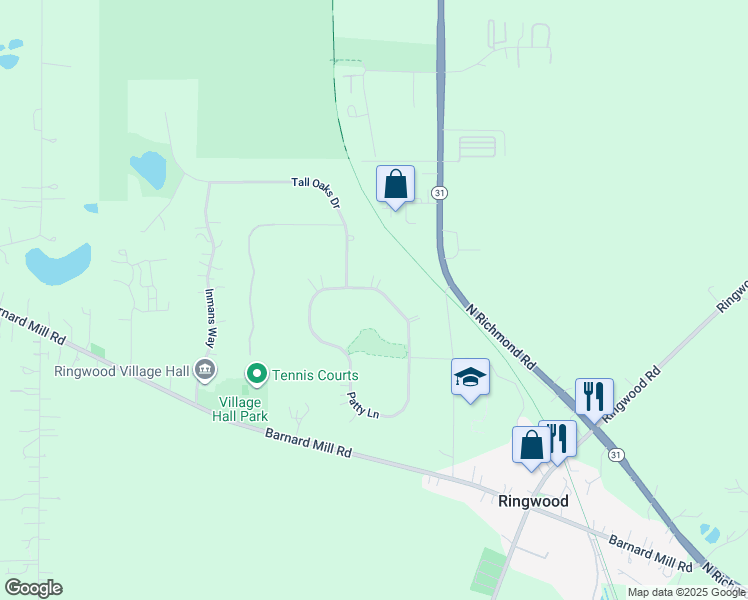 map of restaurants, bars, coffee shops, grocery stores, and more near 5005 Patty Lane in Ringwood