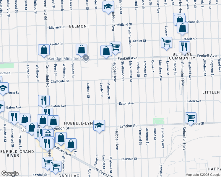 map of restaurants, bars, coffee shops, grocery stores, and more near 14914 Marlowe Street in Detroit