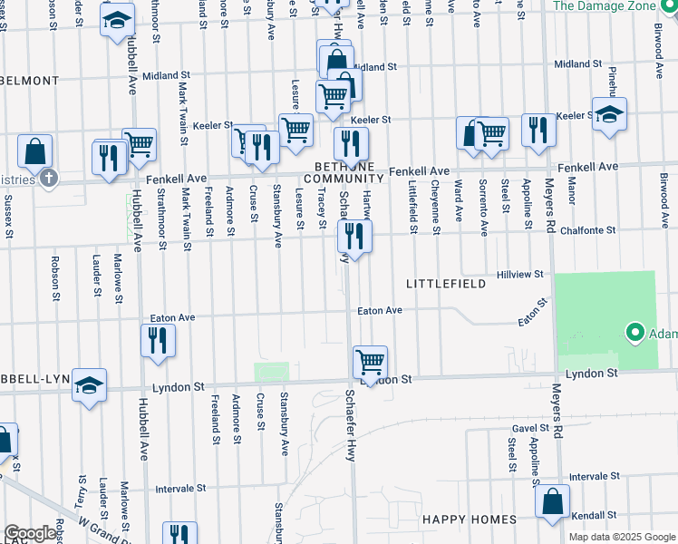 map of restaurants, bars, coffee shops, grocery stores, and more near 14881 Schaefer Highway in Detroit